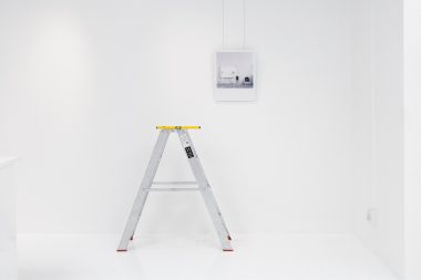A spirit level on a metal step ladder in a gallery in Cape Town, South Africa.
