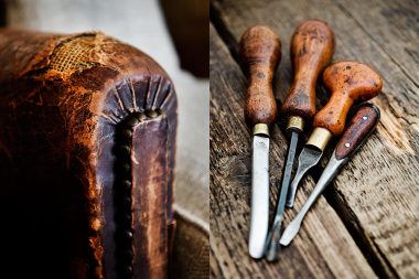 Photographs of an antique leater chair and chisels