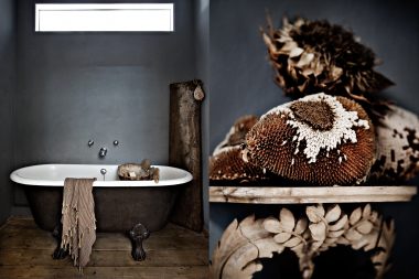 Interior design photographs of a bath and sunflowers for Cico Books