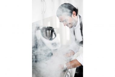 Photograph of London chef Jozef Youssef experimenting in his studio