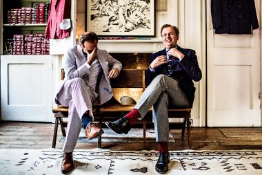 Portrait of wine expert Tom Harrow and tailor Timothy Everest in London for Rolls Royce magazine