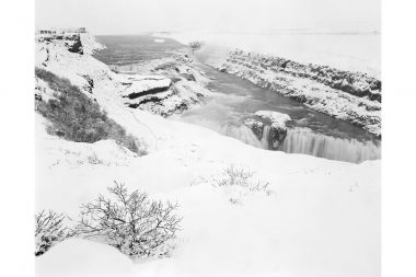 Waterfall and tree in snow covered landscape in Iceland