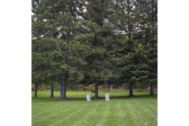 Two veterans grave stones under some trees in a cemetery.