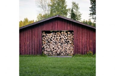 A red barn in a field of grass containing logs.