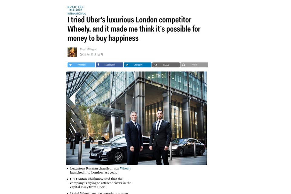 Tearsheet for Wheely chauffeur app based in London. London chauffeur service.