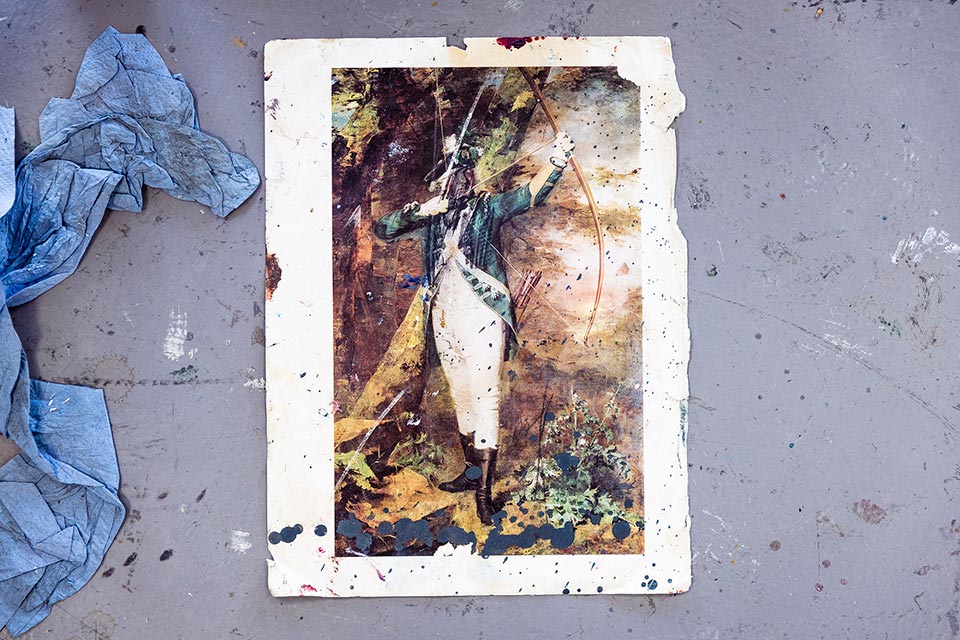 A photocopy of an old master painting left on the floor of a studio by the painter Jake Wood-Evans.