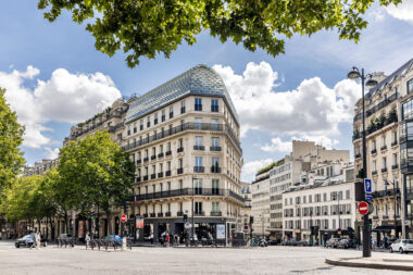 An exterior view of a bank in Paris, France.