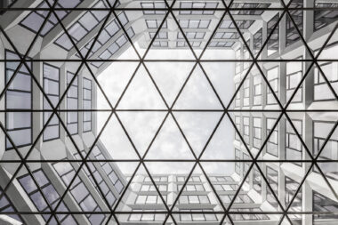 A view inside a bank looking upwards.