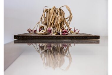 A vase of dead tulips on a chess board reflected in a glass table.