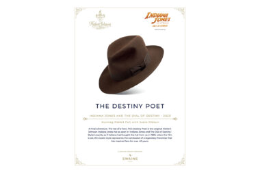 A poster featuring a product photograph of the Destiny Poet, the iconic Indiana Jones hat designed by Herbert Johnson.