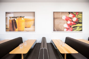 Two large photographs of food in Holland Park School by Richard Boll.