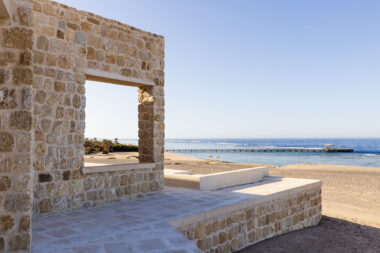 Rear view over water of The Breathing Beach House in Marsa Alam, Egypt looking out to sea. Richard Boll Photography, London.