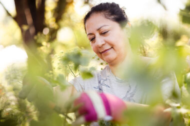 Atmospheric photography of a woman pruning plants in a sunny garden- candid lifestyle photography by Richard Boll, London.