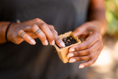 Close-up of a woman's hands planting small seeds into the soil- natural authentic lifestyle photography.
