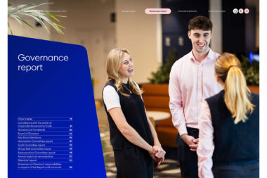 Tearsheet from Rathbones Group Plc Annual Report 2025 featuring an authentic candid photo of colleagues laughing together in an office breakout space