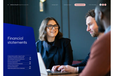 Tearsheet from Rathbones Group Plc Annual Report 2025 featuring an authentic candid photo of a woman smiling during a meeting with colleagues at a laptop